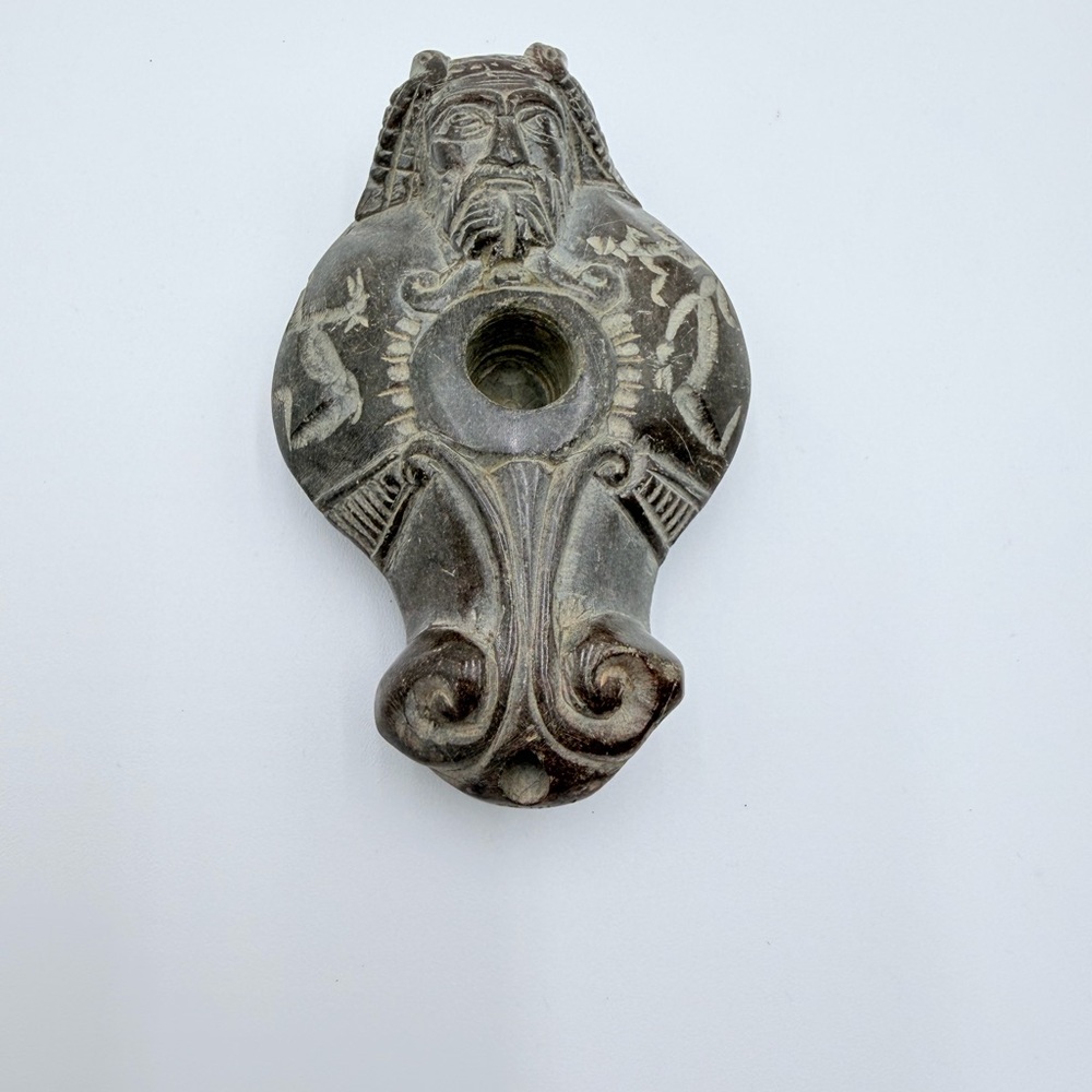 Vintage Carved Stone Oil Lamp with Human Face and Head 5.5"  Syrian?